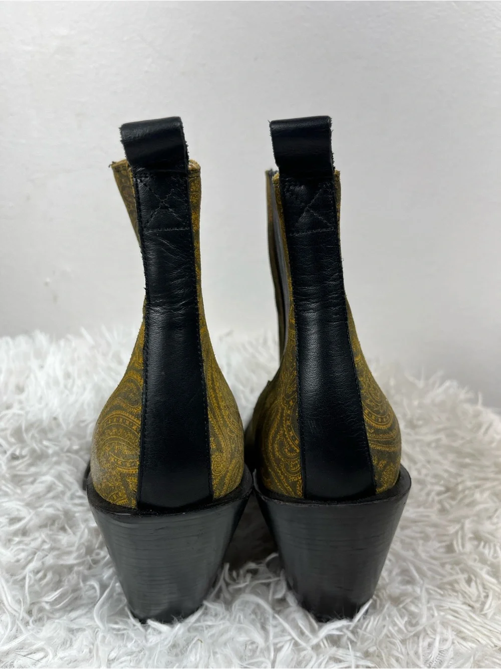 John Fluevog Yellow Paisley Diana Chelsea Booties with Black Trim - Picture 9 of 11